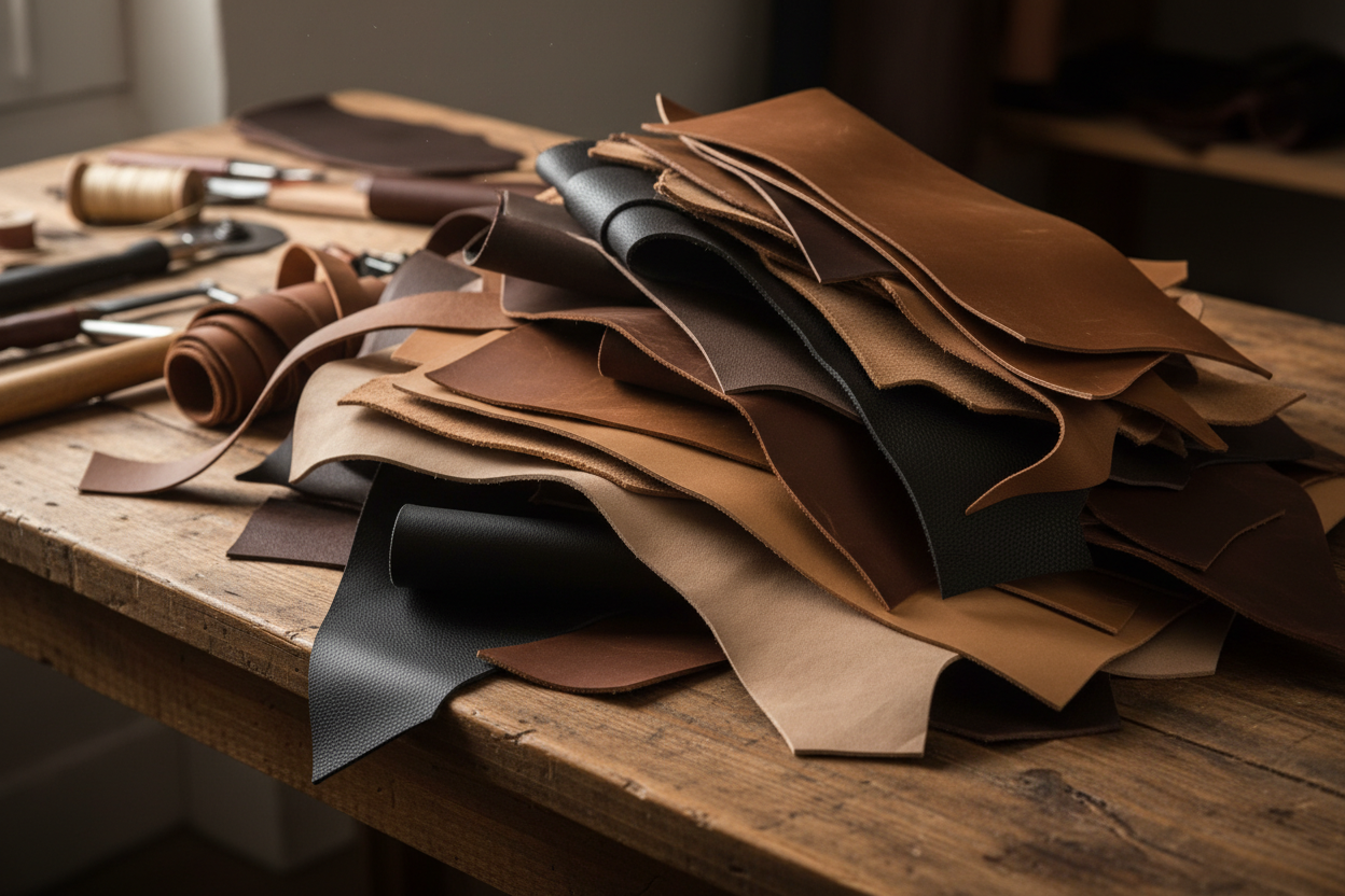 a wooden table with stacks of leathers in haphazard manner